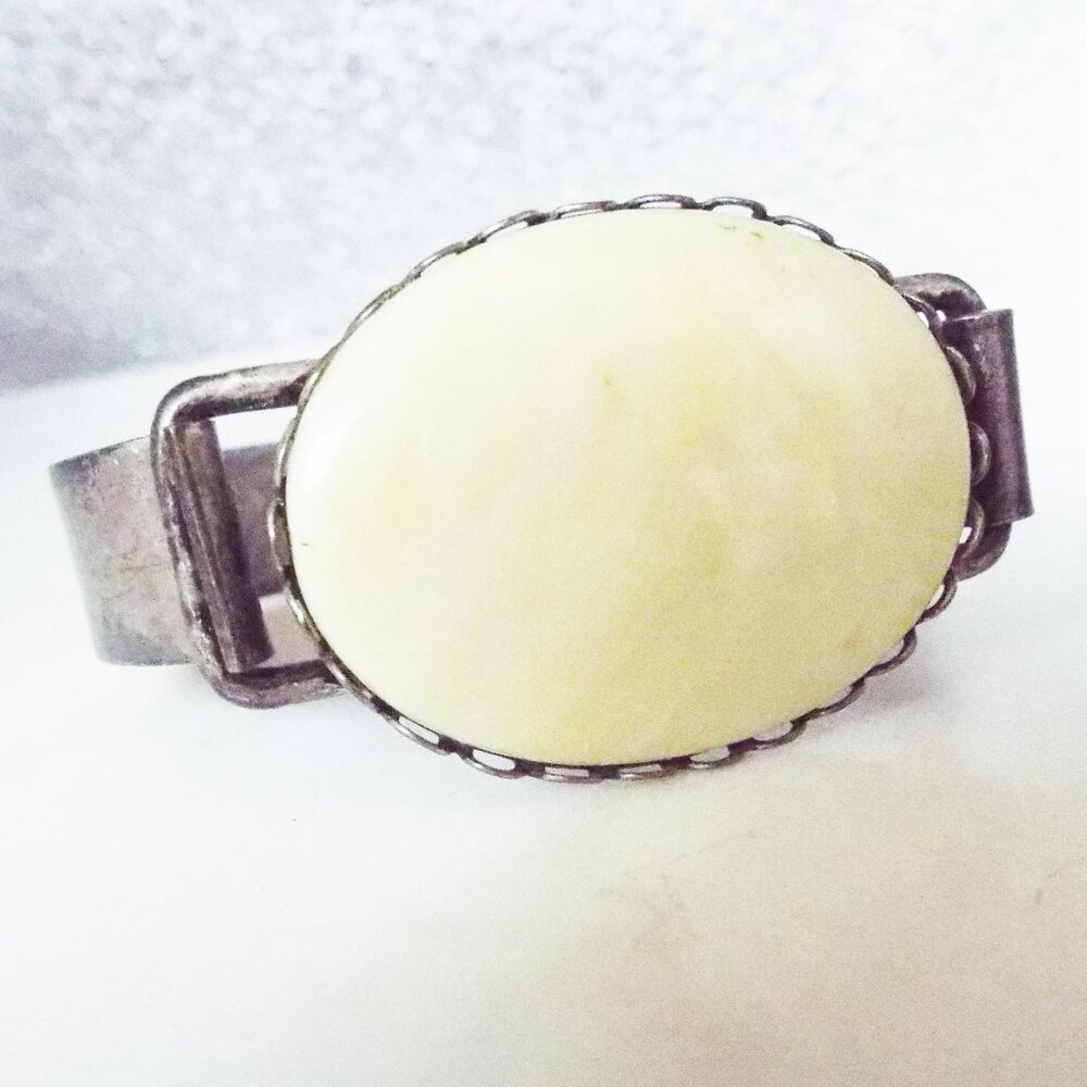 1950 NATIVE AMERICAN POLISHED OVAL BUFFALO BONE 29 GR. STERLING CLAMP BRACELET 6